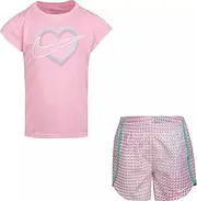 [Nike] Little Girls' Dri-FIT Pixel T-Shirt and Shorts 2 Piece Set (Tropical Twist(26H451-F1P)/Pink, 18 Months)