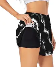 [WURTON] Black White Marble Print Print Exercise Gym Workout Shorts Women's Athletic Shorts Dual-Layered Yoga Running Shorts