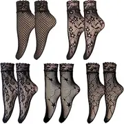 [arrderly] 5 Pairs Fishnet Ankle Socks - Sexy Lace Short Stockings for Women & Girls, Stylish Pop Socks, Black, One size