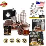13-Piece Bartender Kit with Whiskey Smoker & Elegant Pine Stand – Cocktail Set