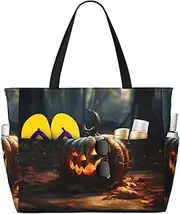 [Ghjkfbf] Fall Pumpkin Print Large Capacity Beach Travel Bag For Family, Beach Tote Bag For Women With Zipper Pockets, Black, One Size