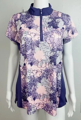 Pebble Beach DRY- Luxe Performance Top 1/4 Zip Mock Neck. Size L Purple Floral