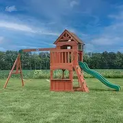 Backyard Discovery Atlantis All Cedar Wooden Swing Set, Upper Level with Bay Windows and Balcony, Lower Sand Box, Snack Window and Built-in Bench, Belt Swings, Trapeze Bar, Speedy Slide & Rock Wall