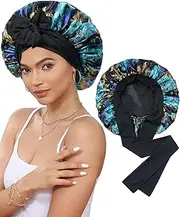 Satin Bonnet Silk Bonnet for Sleeping Silk Sleep Cap Double Layer Hair Bonnet with Elastic Tie Band for Curly Hair Night Cap(Print+Black)