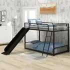 Metal Bunk Bed Frame Twin over Twin w/ Slide Ladder Guardrail for Kids Bedroom