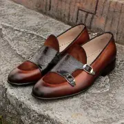 Handmade Men's Leather Double Monk Strap Casual Dress Formal driving Shoes-391