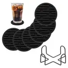 6 Pcs Round Drink Coasters with Holder, 4" Silicone Coaster, Black(Stripes)