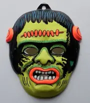 NOS Halloween Mask FRANKENSTEIN 1960's Fun World Div. Plastic Day-Glo?