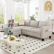 ZeeFu Convertible Sectional Sofa Couch,Classic 3 Seat L-Shaped Sofa with Movable Ottoman, Modern Mocha Brown Velvet Linen Upholstered Small Sectional Sofa Couch for Small Apartment Living Room Office