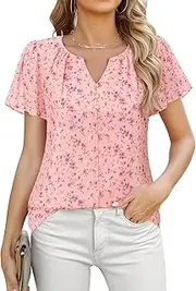 [Furnex] Women's Short Sleeve Floral Tops Double Layers Chiffon Blouses Office Work Shirts
