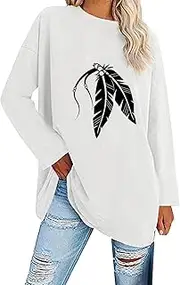 Summer Casual Clothing for Women Women Long Sleeve Feather Pinting Oversized T Shirts Loose Casual Crewneck Tunic Soft Blouse Tops