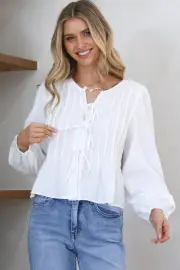 Addison Top - Cotton Tie Down Pleated Front Long Sleeve in White