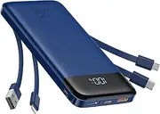 Charmast 20000mAh Power Bank 22.5W Built in 4 Cables, Slim USB C Portable Charger, LED Display Battery Pack with 5 Output and 4 Input,Compatible with iPhone, Samsung, Tablets and More(Blue)