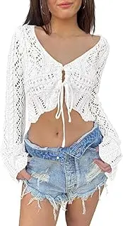 [BONVEN] Womens Crochet Tie Front Cropped Cardigan Summer Festival Outfits Bell Long Sleeve Tops V Neck Shrug Sweater
