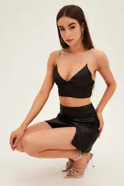 Black Corset Top Sleeveless Crop Diamantes Party Satin - Size 16, Women's Cami
