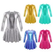 Kids Girls Roller Skating Dress Bronzing Ballet Long Sleeves Performance Dress