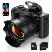 8K Digital Camera,88MP Autofocus WiFi Vlogging Camera for YouTube Video with Front and Rear Lens,Flash,Touch Screen,Lens Hood,64GB Card,2 Batteries