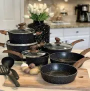 Kitchen Academy Induction Cookware Sets - 12 Piece Granite Black Nonstick