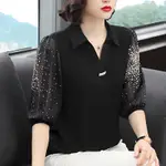 黑色雪紡七分袖襯衫女2023夏季新款套頭襯衫韓版寬鬆打底上衣