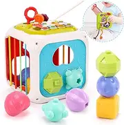 Qizebaby Montessori Toys for Babies 0-3-6-12 Months，Baby Stacking Toys Games，Shape Sorter Toddler Toys with Storage Cube，Kid Boy Girl Birthday Gifts