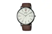 Lorus Men's Dress Wristwatch Mod. DRESS 3 ATM Water Resistant SS IP Black Case Leather Strap Quartz Movement Data Dial Mineral Dial Legno - Official Box