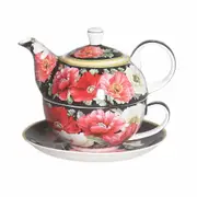 French Country Kitchen Tea For One Poppies on Black Teapot