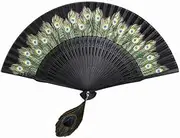 Peacock Feather Folding Hand Fan for Women - Foldable Vintage Style Bamboo Silk Fan for Decoration, Costume Party, Photography Props