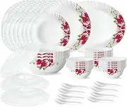 KRISHANA EXPORT STORE Rose Red Silk Series Opalware Dinner Set | 47-Piece | Microwave & Dishwasher Safe | Bone-Ash Free | Crockery Set for Family of 8 | Elegant White Plates & Bowls
