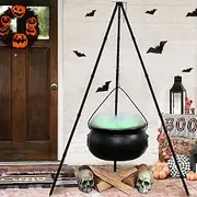 Witches Cauldron - Large Black Plastic Bowl on Tripod with Lights, Outdoor Halloween Decor Witch Pot Candy Bucket for Yard, Garden
