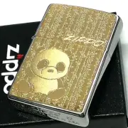 Zippo Oil Lighter Panda Gold Brass Etching Metal Plate Regular Case Japan