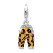 Sterling Silver Amore La Vita Rhodium-Plated Polished 3-D Cz Enameled Leopard Pants Charm With Fancy Lobster Clasp