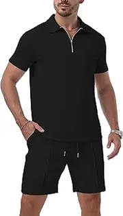 [QIXING] Men's Tracksuit Men's 1/4 Zip Polo Shirt & Shorts 2 Pieces Summer Outfits Suit, black, Large