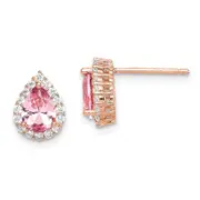 Sterling Silver Rose-Tone Post Cz And Pear Teardrop Pink Crystal Earrings