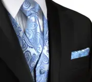 MEN'S CORNFLOWER PAISLEY FORMAL TUXEDO VEST, TIE & HANKIE. WEDDING FORMAL PROM