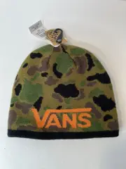 VANS Boy’s Reversible Camo Checkerboard Camouflage Orange Logo Knit Beanie Hat