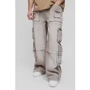 Mens Stone Tall Baggy Rigid Multi Pocket Strap Detail Cargo Jeans