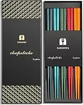 SUPJOYES 5-Pairs Colorful Reusable Chopsticks: Japanese Chinese Fiberglass Chopsticks Dishwasher Safe, Japanese Stick Gift Set with Gift Box, Non-Slip Chop Sticks