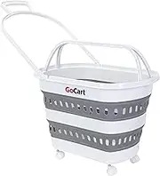 dbest products Folding Gocart Collapsible Laundry Basket on Wheels Grocery Cart Shopping Foldable Pop Up Plastic Hamper Tote Handles Cesto para ropa sucia, White