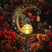 Solar Fairy Garden Lights for Outdoor Garden, Moon Crackle Glass LED Lights Solar Lights Outdoor Weatherproof, Metal Garden Lights with Fairy, Patio Decoration for Yard Lawn Balcony Gifts
