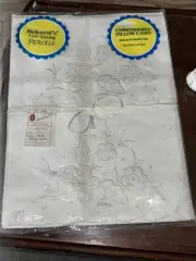 VTG Pair Belcrest’s Embroidery White Pillow Cases Floral Percale NOS Spokework