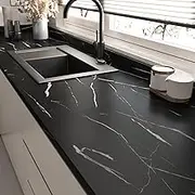 Wallercity Matte Black Marble Contact Paper for Table Top Peel and Stick Marble Wallpaper Self Adhesive Waterproof Kitchen Black Contact Paper 15.8''x118'' Vinyl Wall Paper for Cabinets Shelf Liner