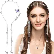 Butterfly Rhinestone Headband Silver Head Chain Tassels Wedding Fairy Crystal Headpiece Aesthetic Hair Accessories for Women (Purple Butterfly, One size)