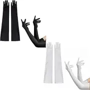 [Yeesabella] 2 Pairs Long Satin Gloves Fancy Dress for Women,Black and White Womens Evening Wedding Bridal Spandex Glove,Opera Dresses Accessories/Prom Costume/Halloween Party Catwoman and Witches, 0, 0