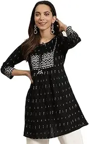 Yash Gallery Women's Rayon Geomatrical Printed Short Kurti (Black)