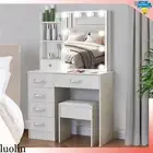 Dressing Table Stool Set Makeup Mirror LED Light Vanity Bedroom Dresser White