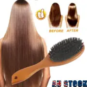Boar Bristle Oval Hair Brush Comb Head Scalp Massage Beech Wood Handle DS