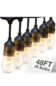 48 ft Outdoor String Lights Commercial Weatherproof Edison Vintage Bulbs Sockets