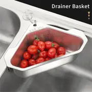 ACA Stainless Steel Drain Basket Kitchen Triangular Sink Strainer Multifunctional Vegetable Fruit Rack Storage Silver