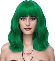 Short Bob Wavy Wig with Air Bangs for Women, Heat Resistance Shoulder Length Curled Wigs for Daily Use, Cosplay and Theme Parties- 36cm , Mint Green