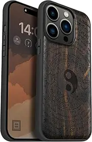 [Carveit] Magnetic Wood Case for iPhone 14 Pro Case [Natural Wood & Black Soft TPU] Shockproof Protective Cover Unique Wooden Case Compatible with magsafe (Mysterious Yinyang -Blackwood)